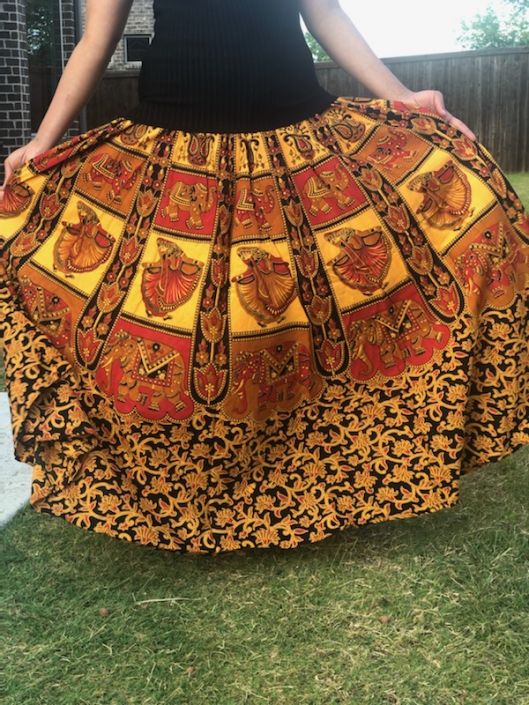 Cotton Skirt Orange with yellow red print 36 Krishna Culture