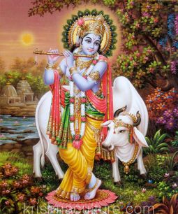 Krishna with Cow at Dusk Canvas Art 10x12"